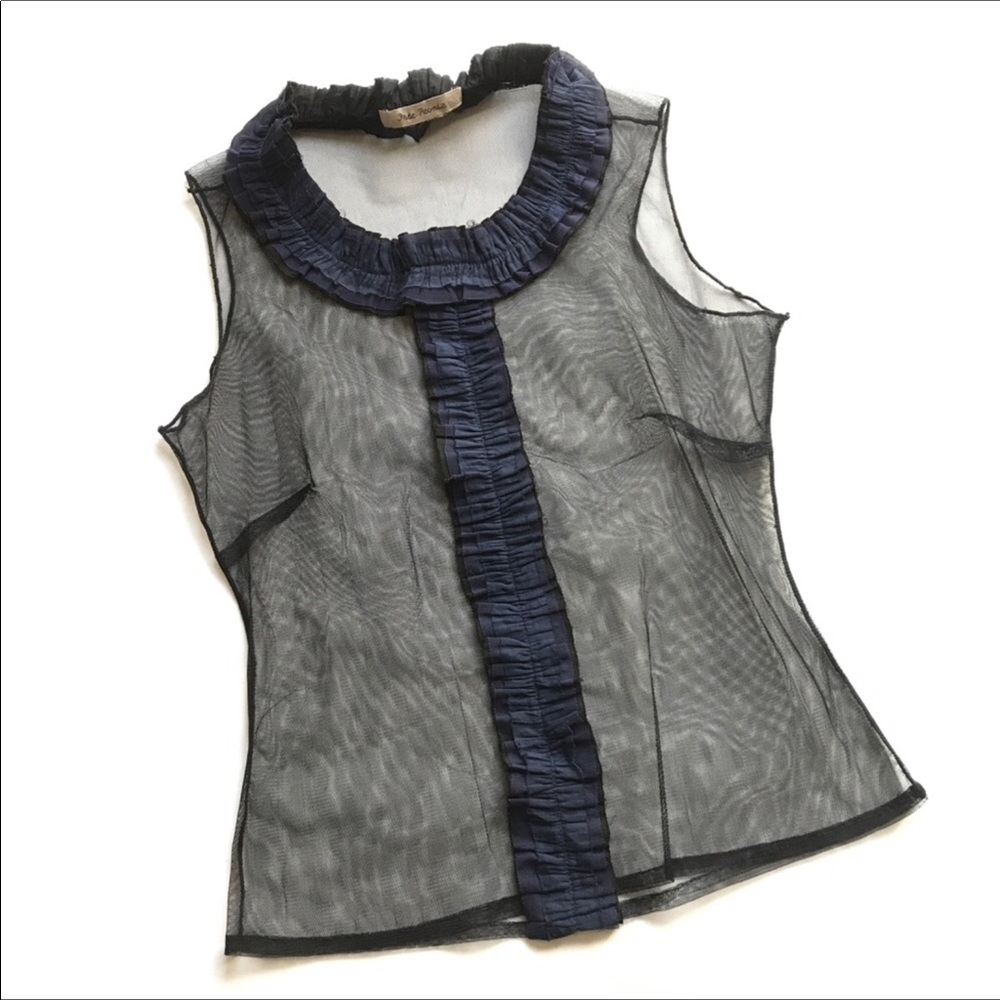 Free People Black Sheer Tank with Navy Ruffle Trim